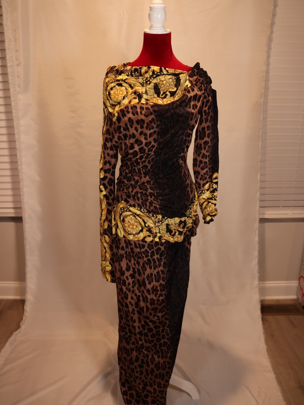 Versace Brown & Gold Leopard Barocco Long Sleeve Maxi Dress